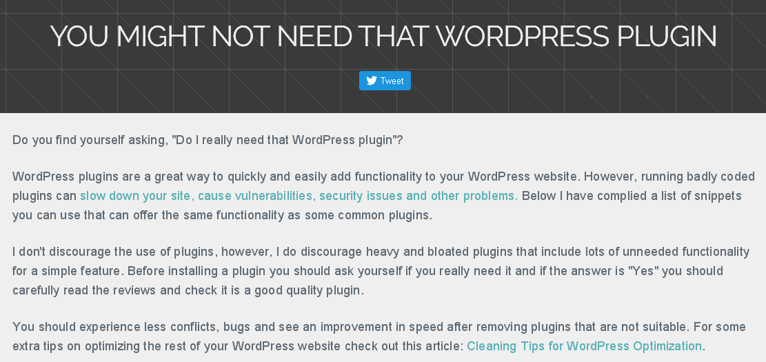 プラグインなしでWordPressに機能を実装できるコードを集めたサイト「You Might Not Need That WordPress Plugin」