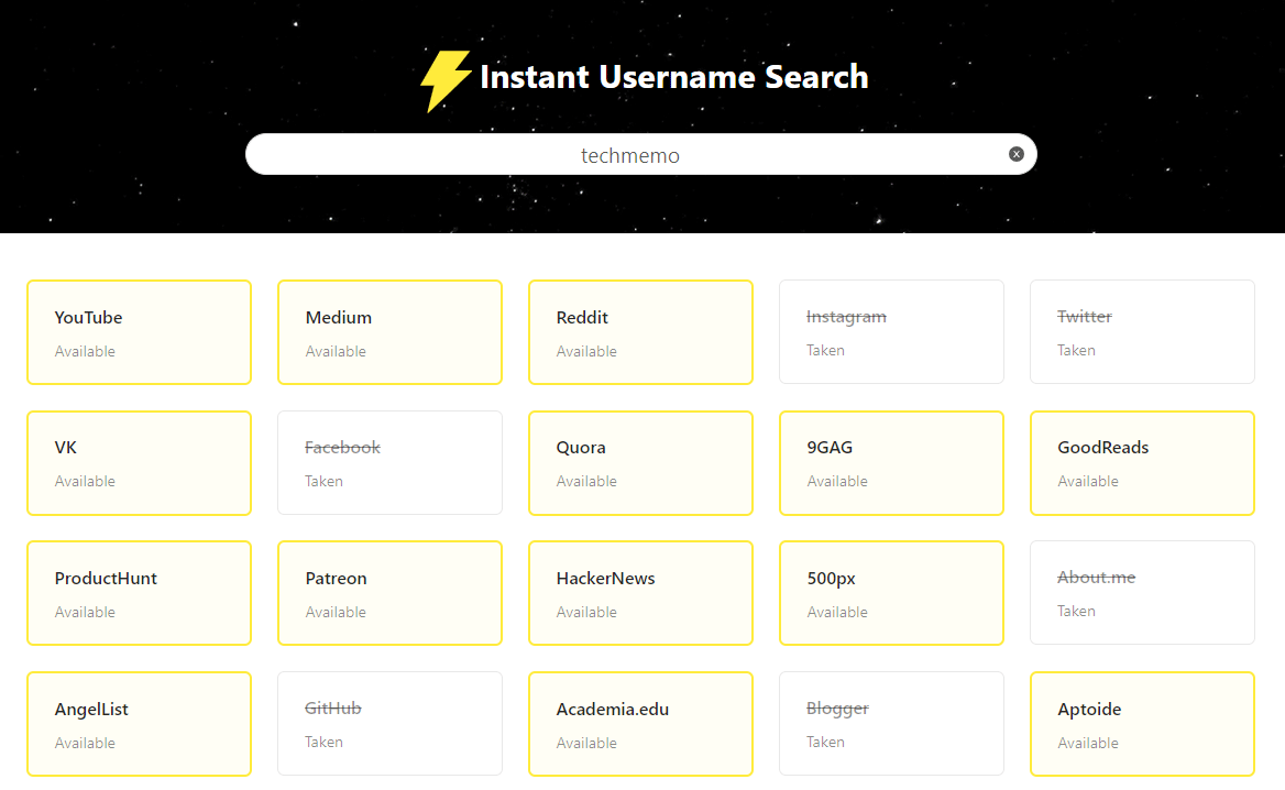 各種SNSで使いたいIDの空き状況を調べることができるWEBサービス「Instant Username Search」